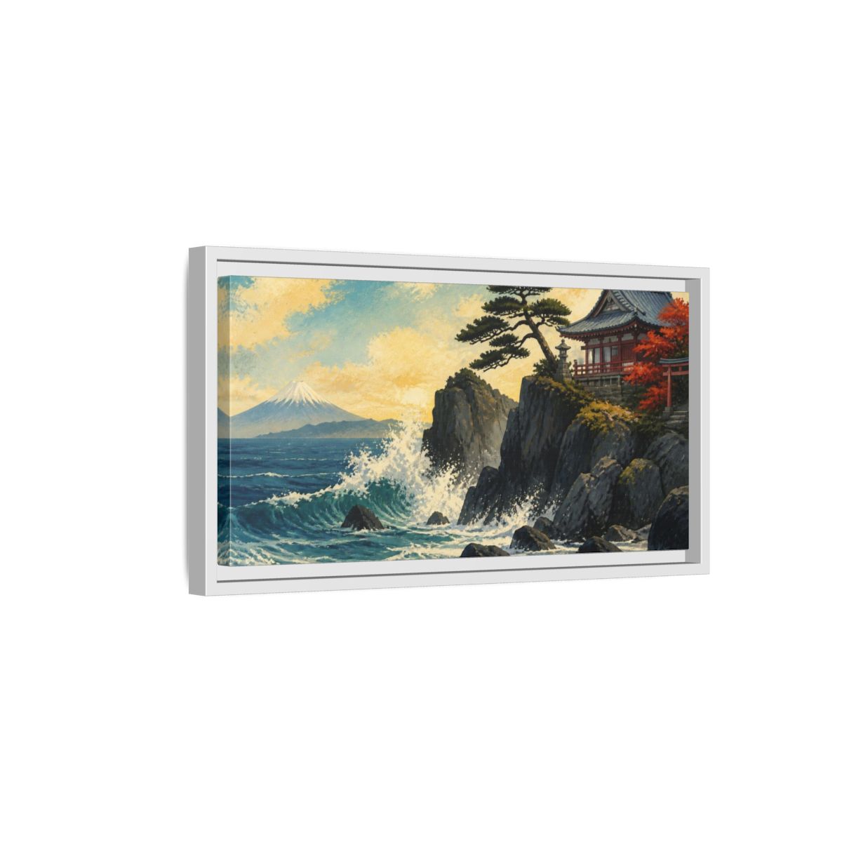Side Mockup 6. Japanese Seaside Temple shown as framed canvas print