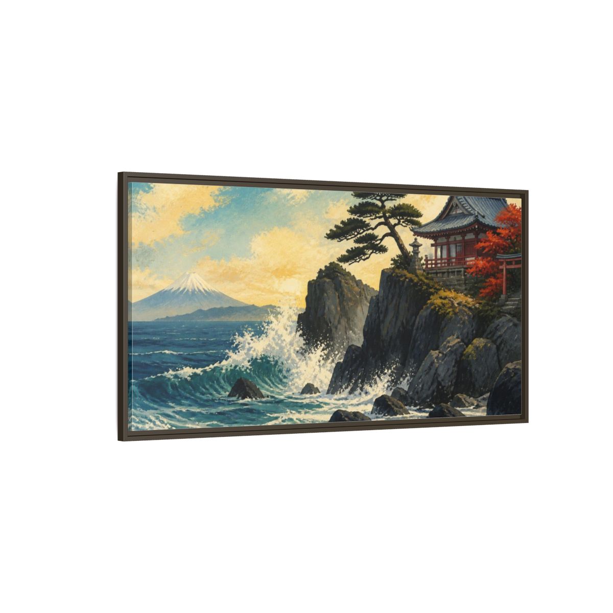 Side Mockup 4. Japanese Seaside Temple shown as framed canvas print