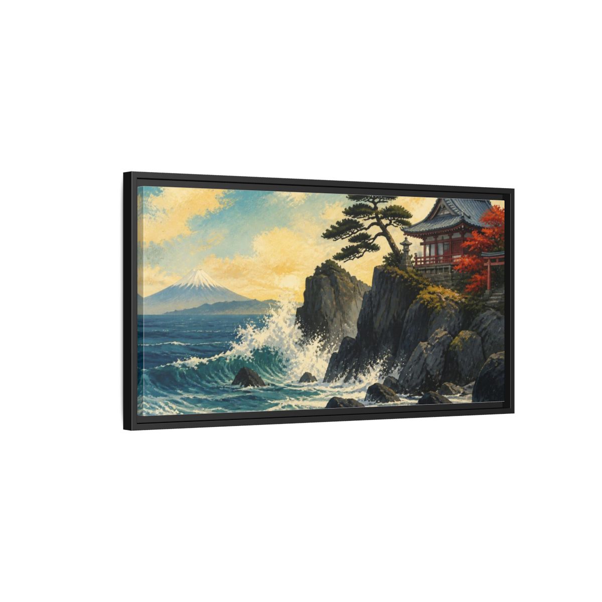 Side Mockup 2. Japanese Seaside Temple shown as framed canvas print