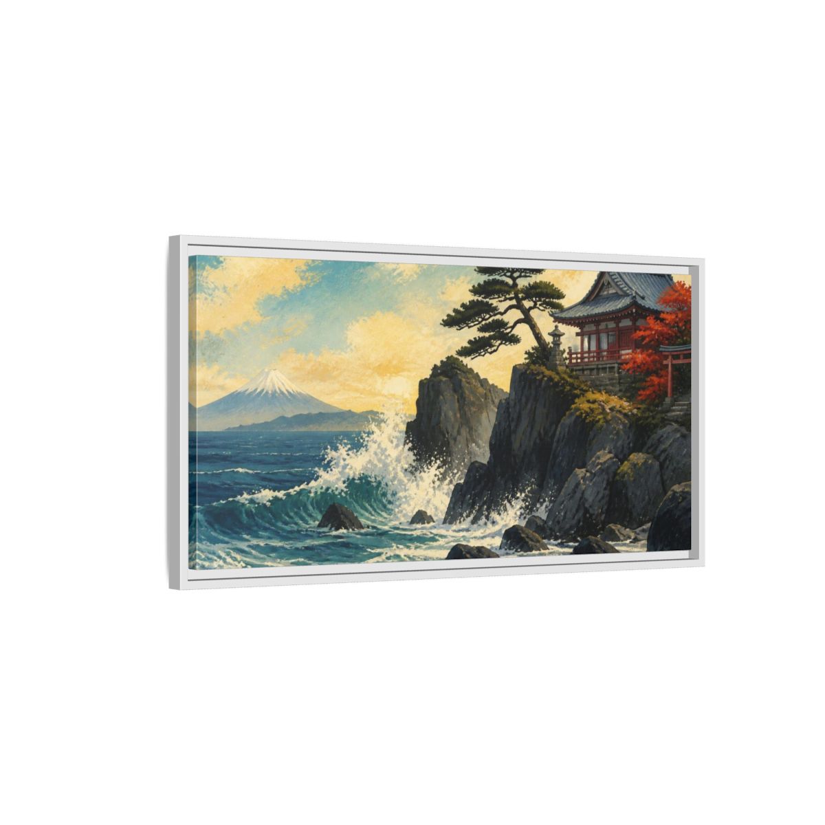 Side Mockup 1. Japanese Seaside Temple shown as framed canvas print