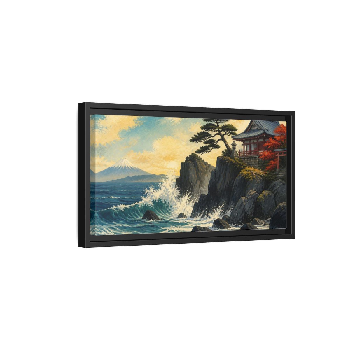 Side Mockup 8. Japanese Seaside Temple shown as framed canvas print