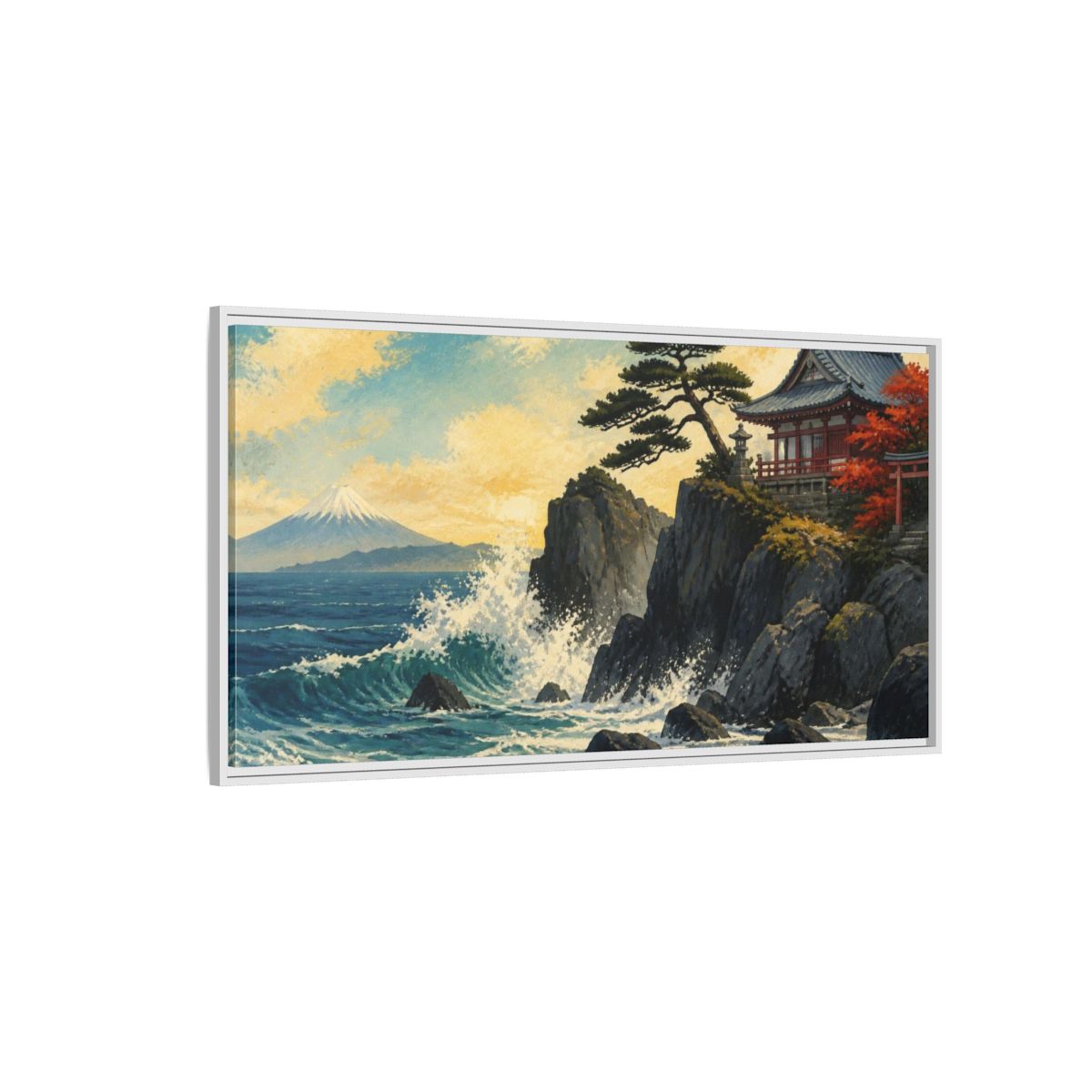 Side Mockup 3. Japanese Seaside Temple shown as framed canvas print