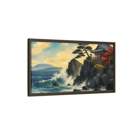 Main Mockup. Japanese Seaside Temple shown as framed canvas print