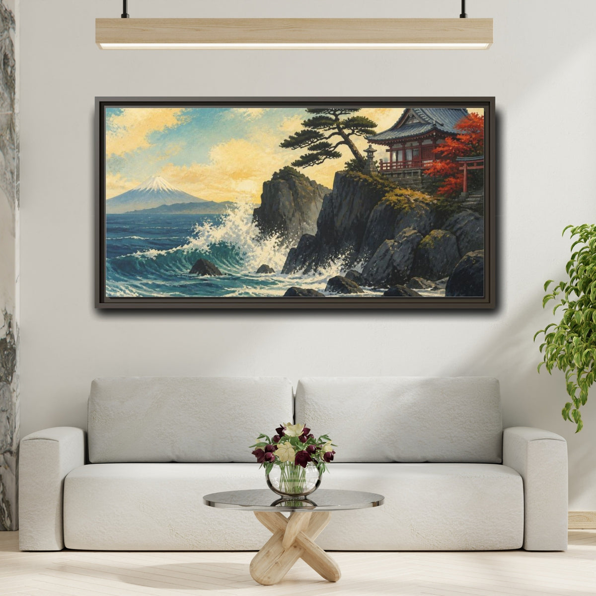 Mockup 2. Japanese Seaside Temple shown as framed canvas print