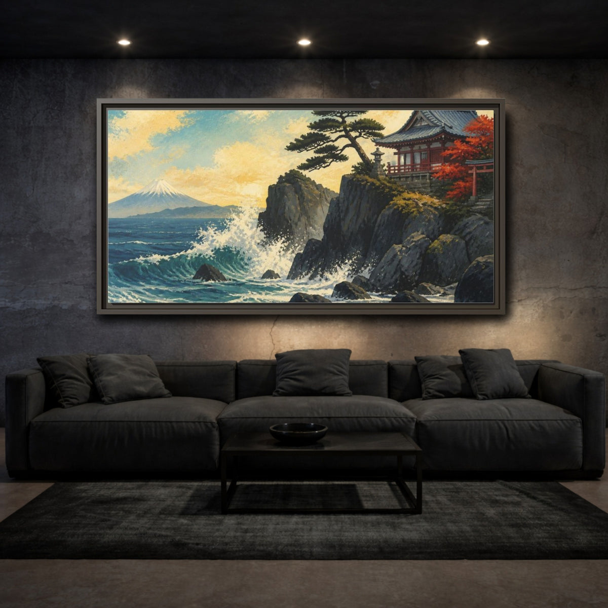 Mockup 3. Japanese Seaside Temple shown as framed canvas print