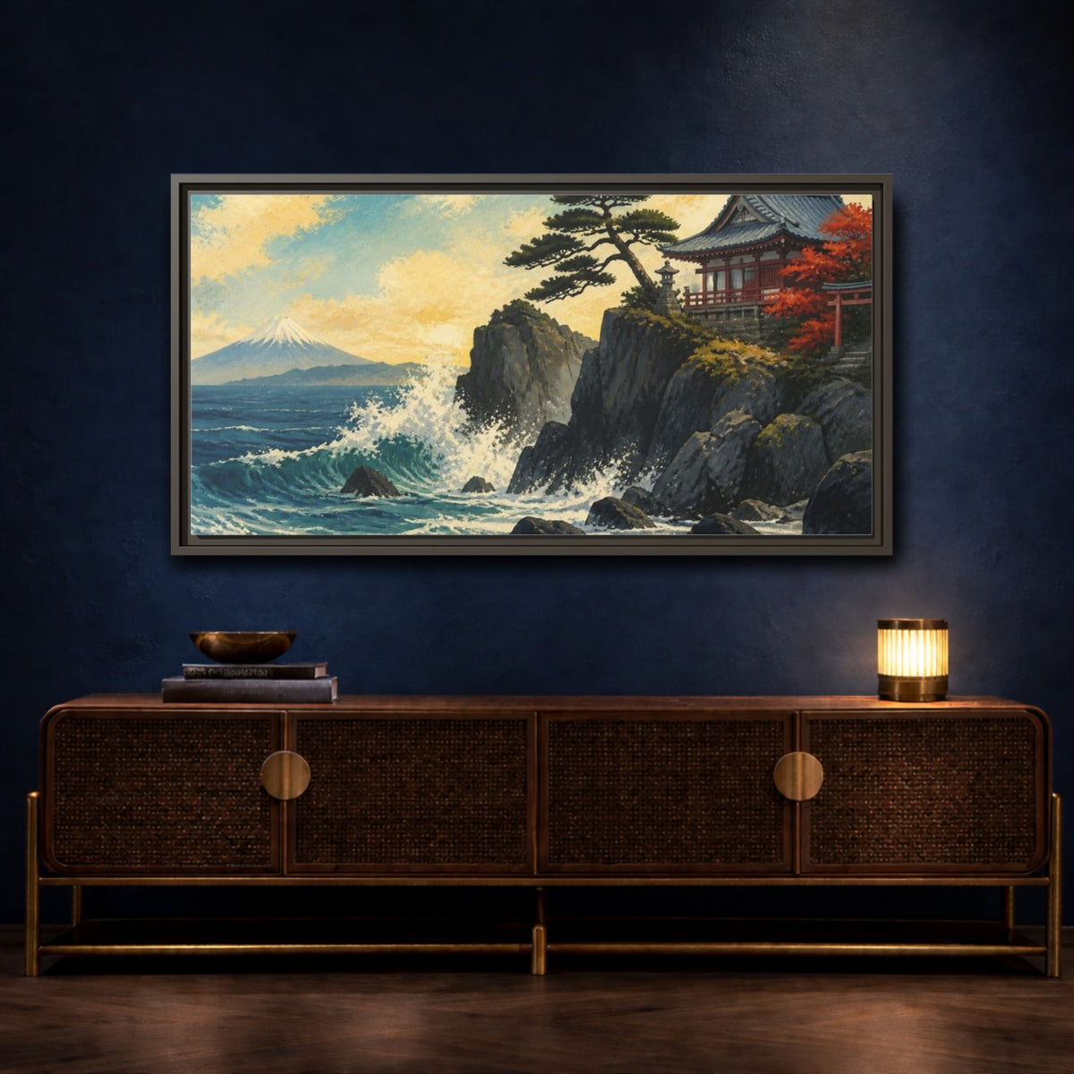 Mockup 4. Japanese Seaside Temple shown as framed canvas print