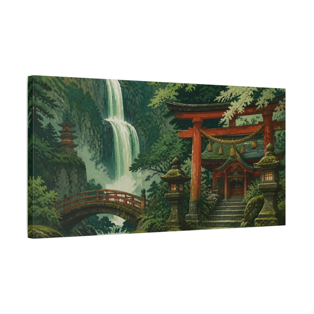 Side Mockup 1. Japanese Shrine By Waterfall shown as canvas print