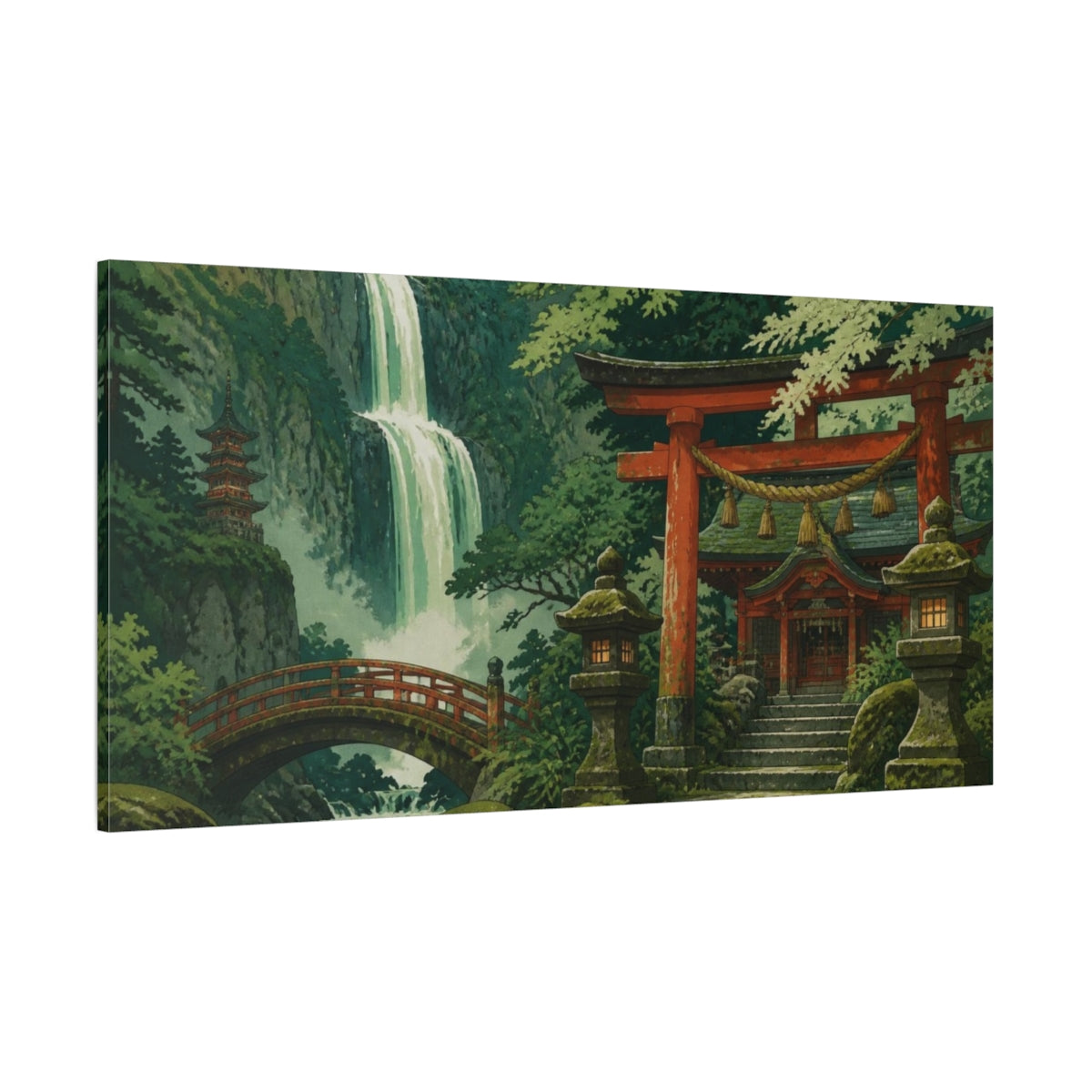 Side Mockup 2. Japanese Shrine By Waterfall shown as canvas print