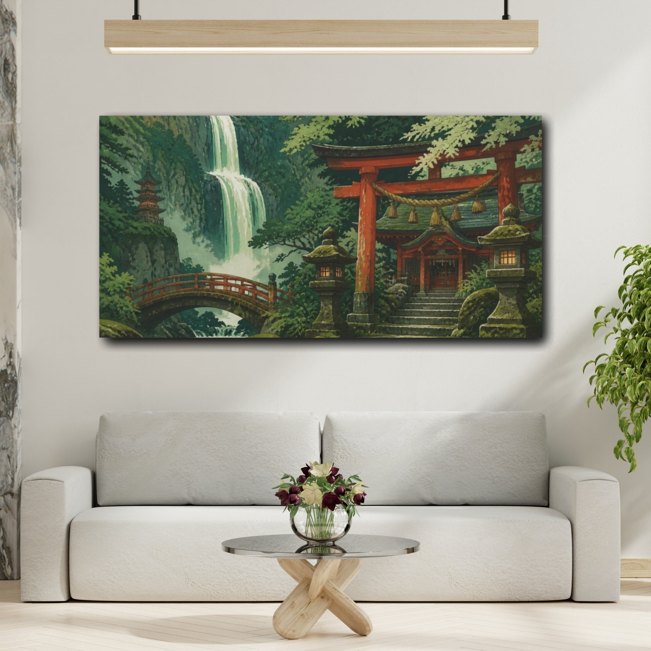 Mockup 2. Japanese Shrine By Waterfall shown as canvas print