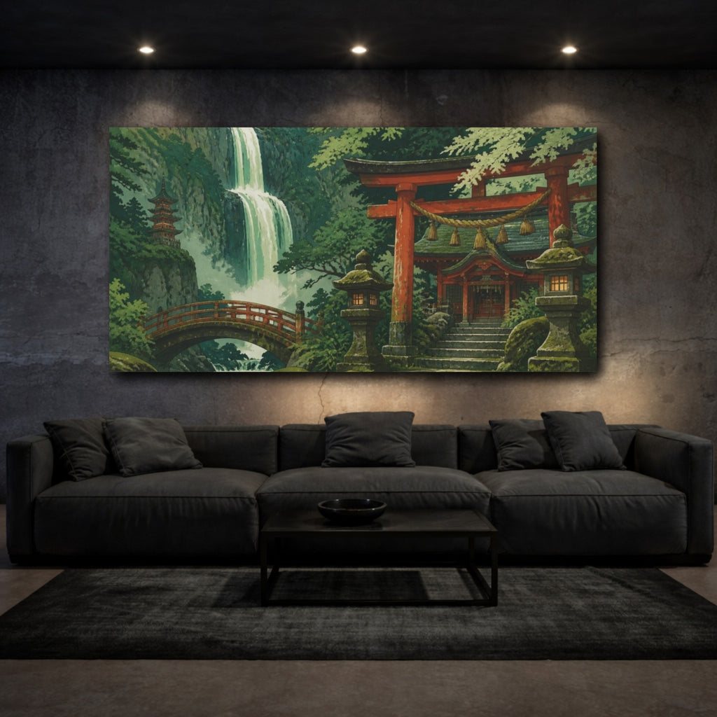 Mockup 3. Japanese Shrine By Waterfall shown as canvas print