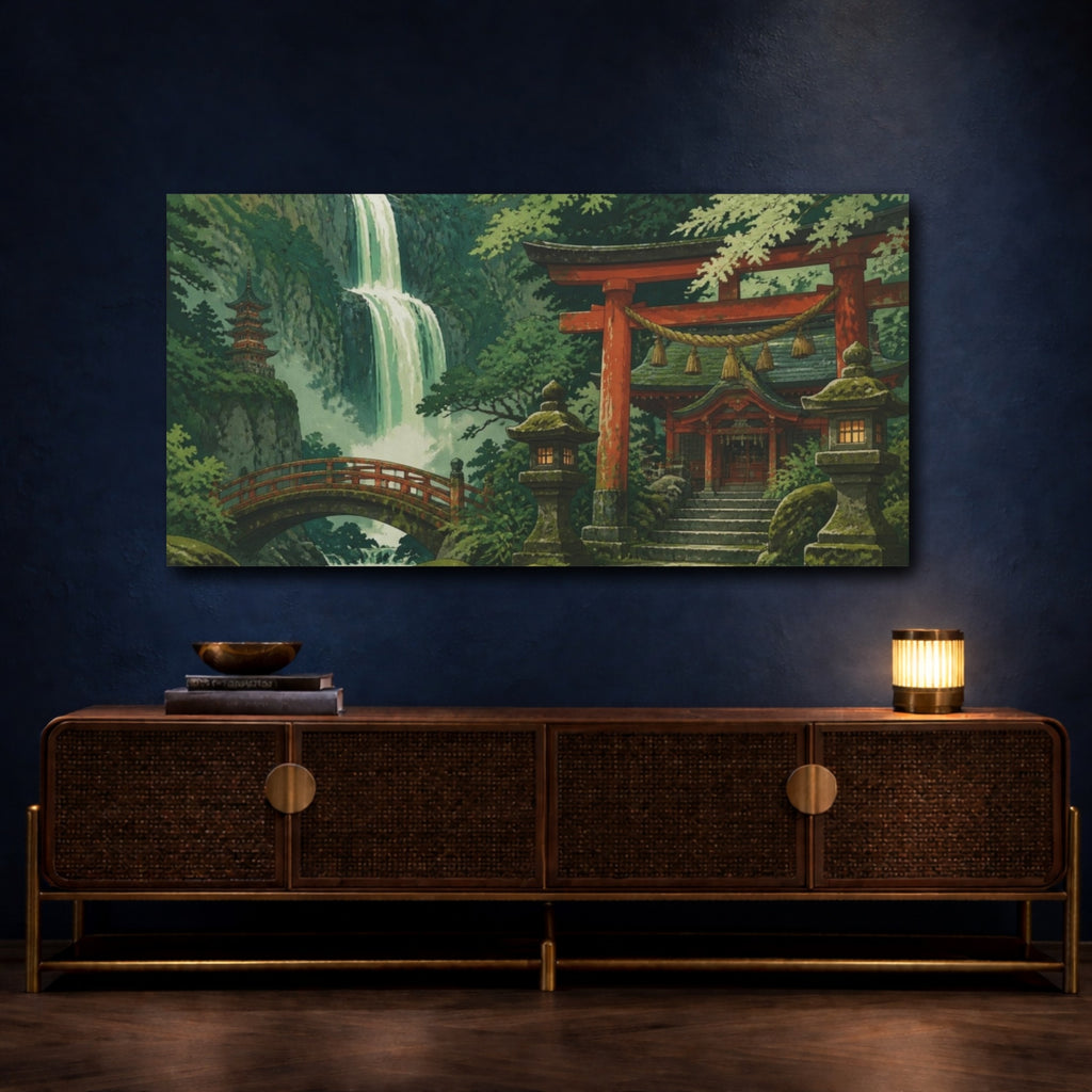 Mockup 4. Japanese Shrine By Waterfall shown as canvas print