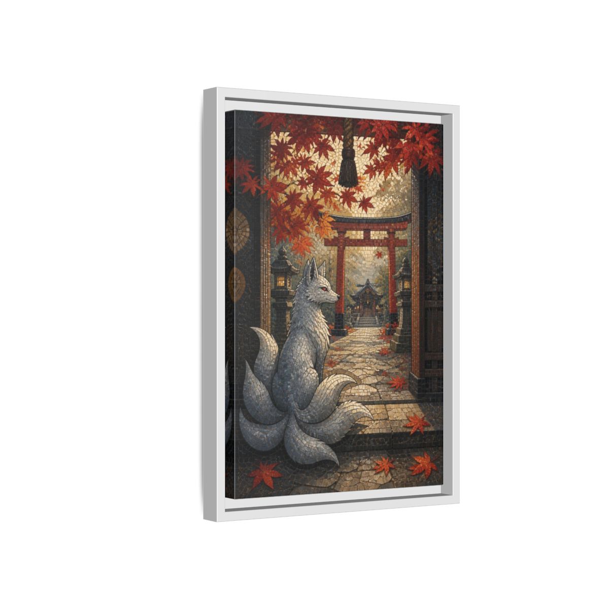 Side Mockup 4. Japanese Silver Kitsune shown as framed canvas print