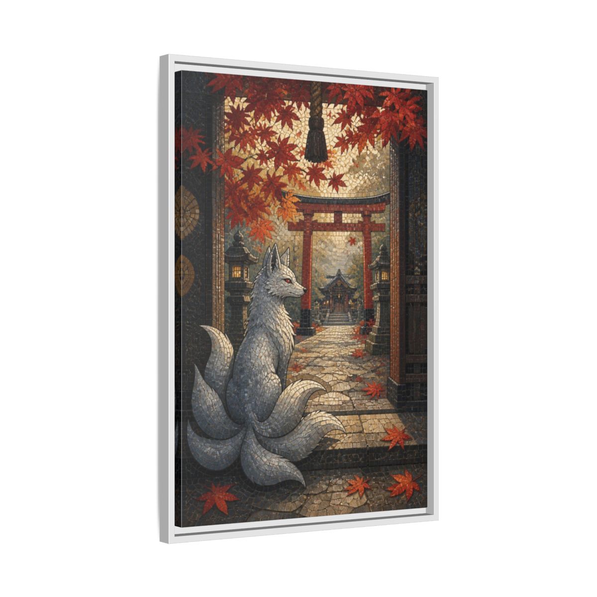 Side Mockup 10. Japanese Silver Kitsune shown as framed canvas print