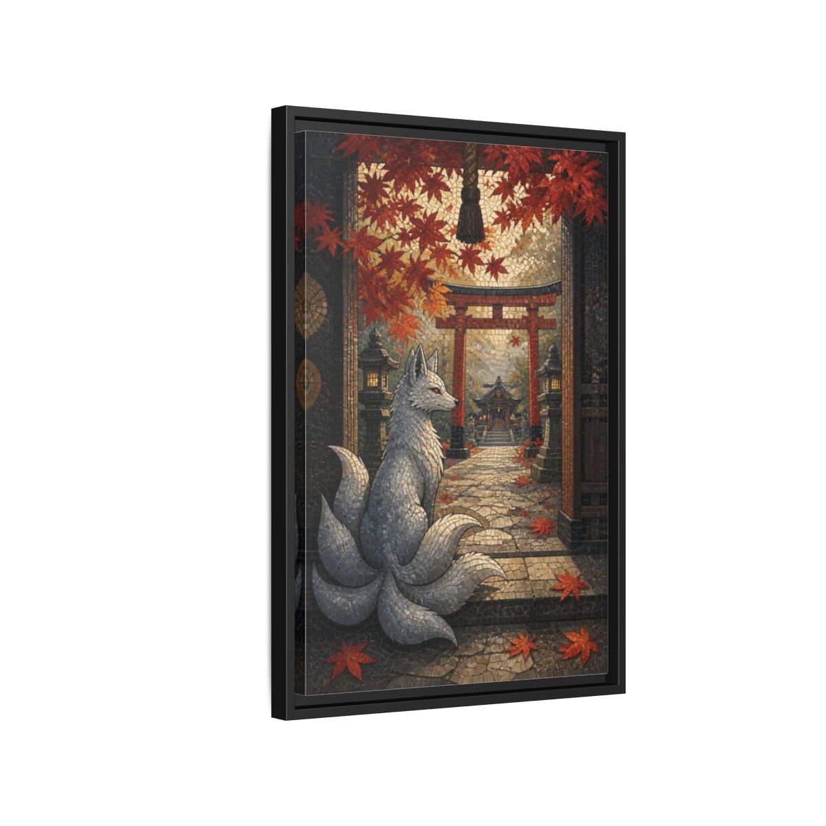 Side Mockup 3. Japanese Silver Kitsune shown as framed canvas print