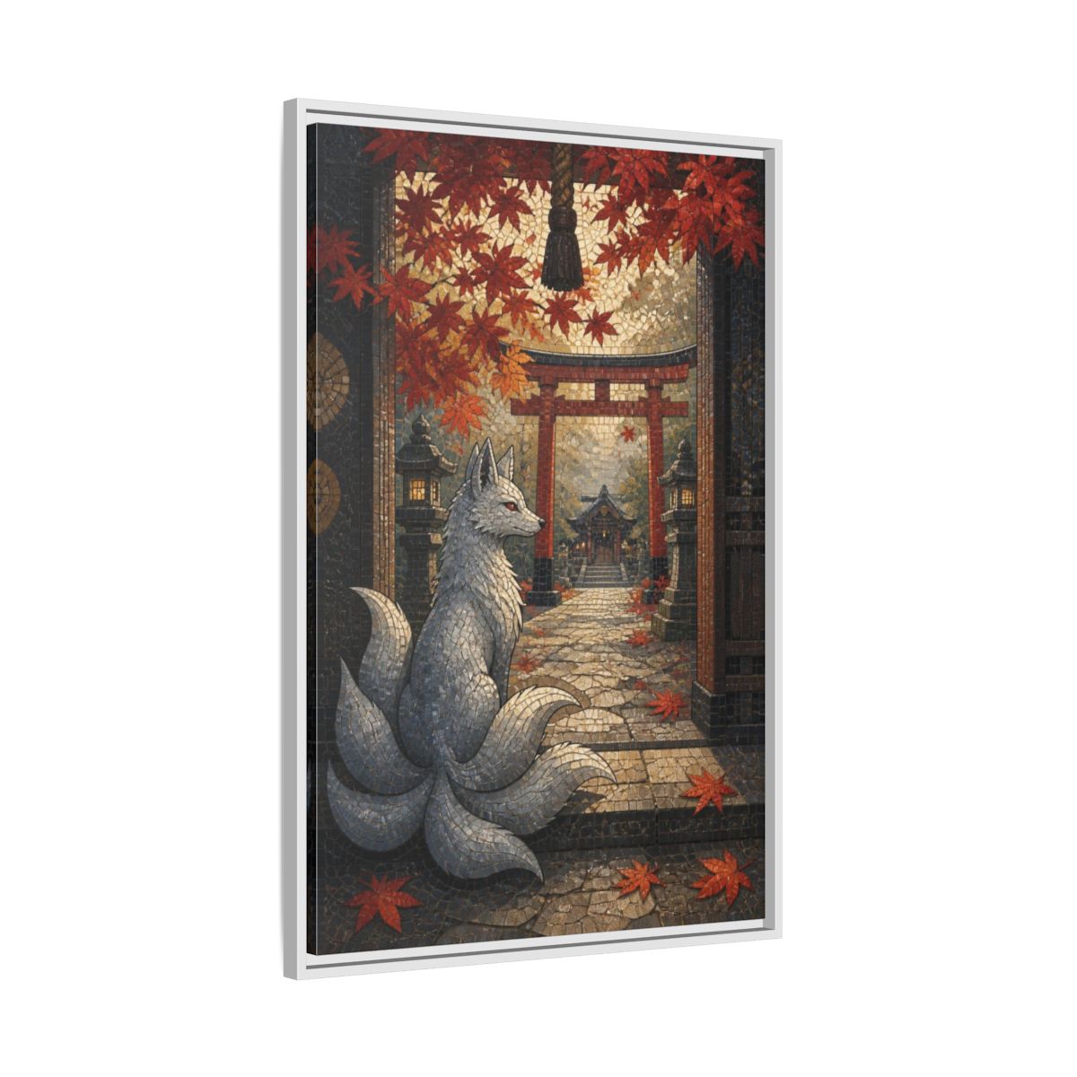 Side Mockup 9. Japanese Silver Kitsune shown as framed canvas print