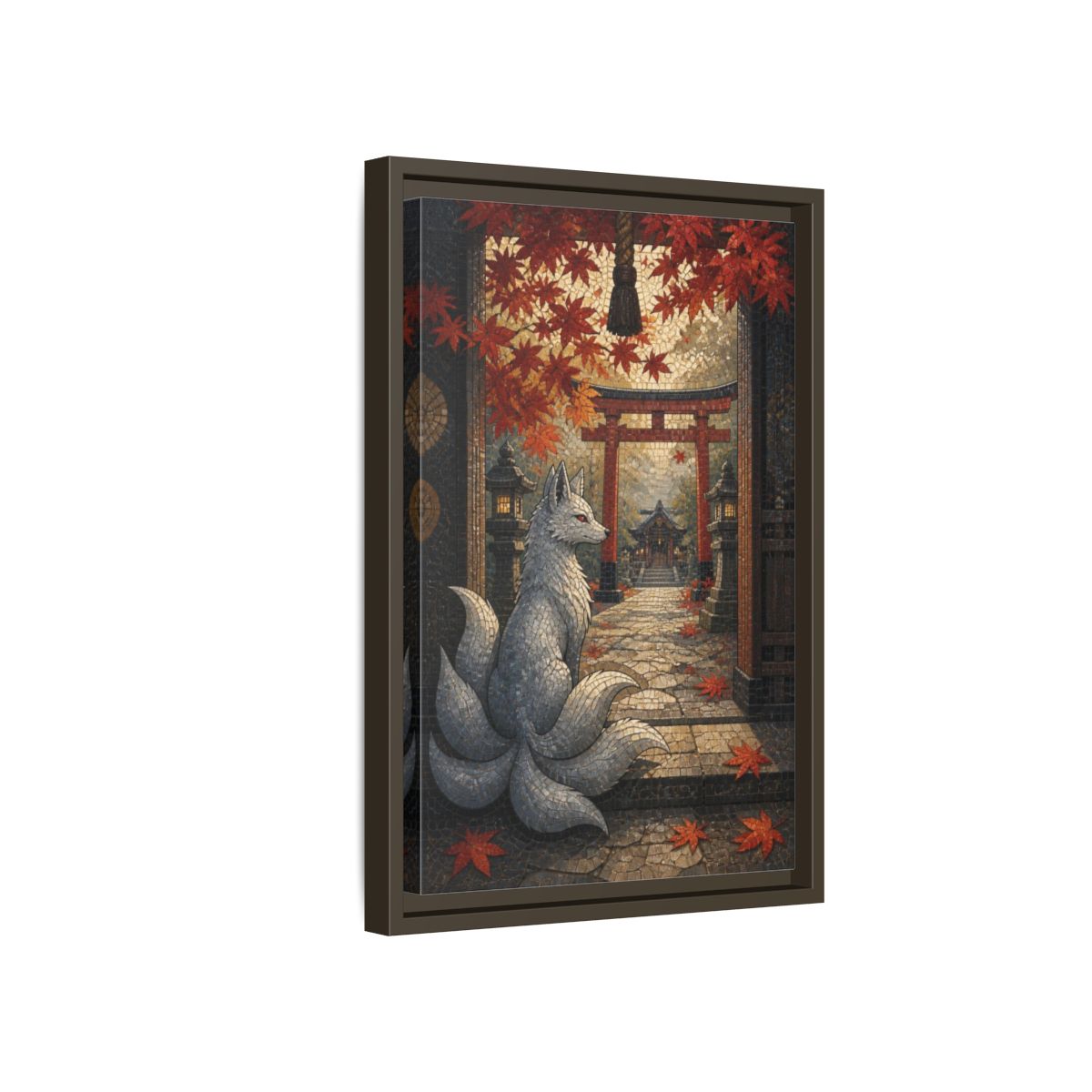 Side Mockup 5. Japanese Silver Kitsune shown as framed canvas print