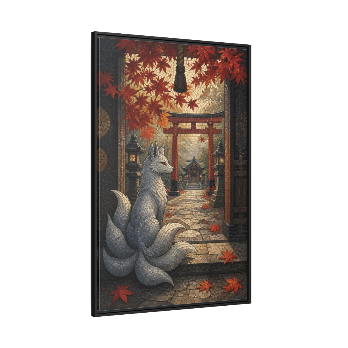 Side Mockup 12. Japanese Silver Kitsune shown as framed canvas print