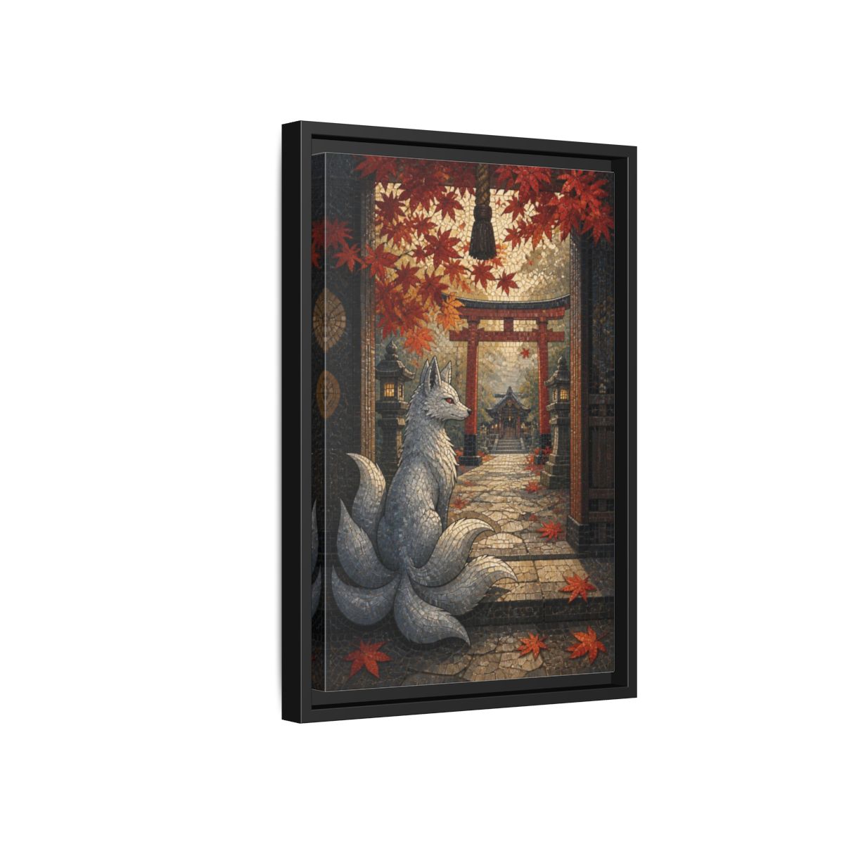 Side Mockup 6. Japanese Silver Kitsune shown as framed canvas print
