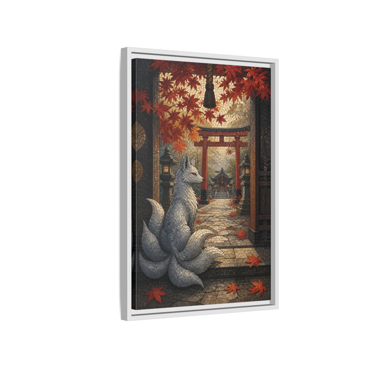 Side Mockup 1. Japanese Silver Kitsune shown as framed canvas print