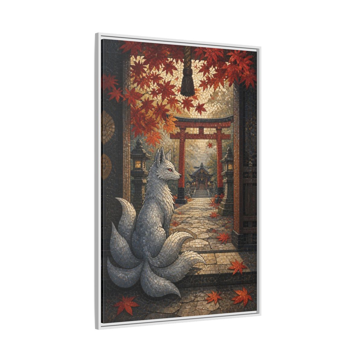 Side Mockup 7. Japanese Silver Kitsune shown as framed canvas print