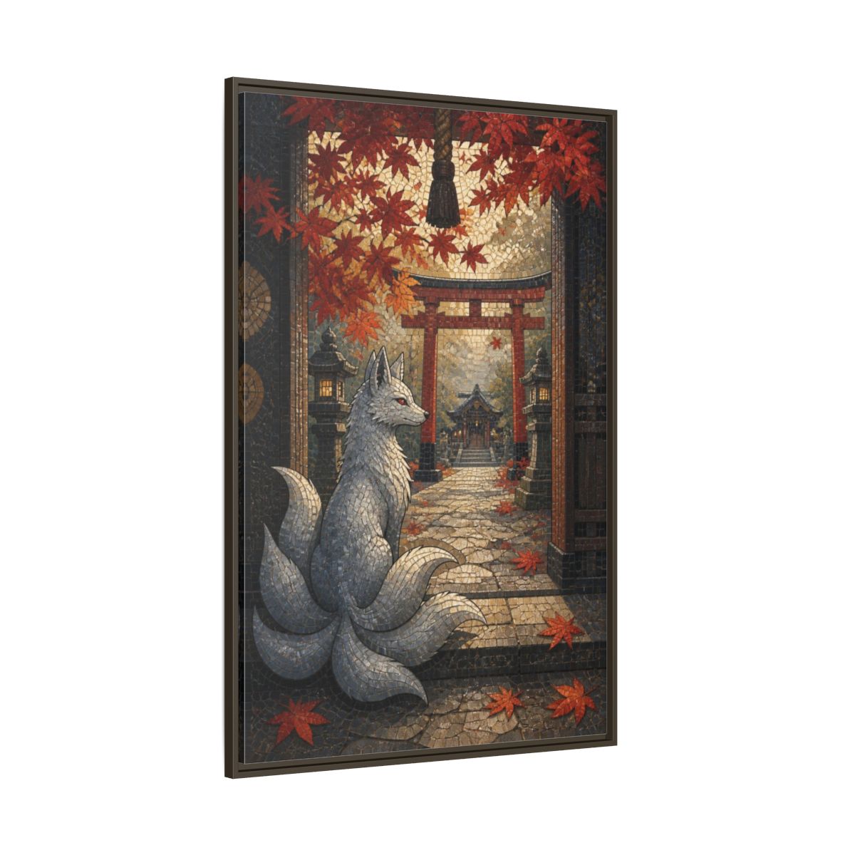 Side Mockup 8. Japanese Silver Kitsune shown as framed canvas print