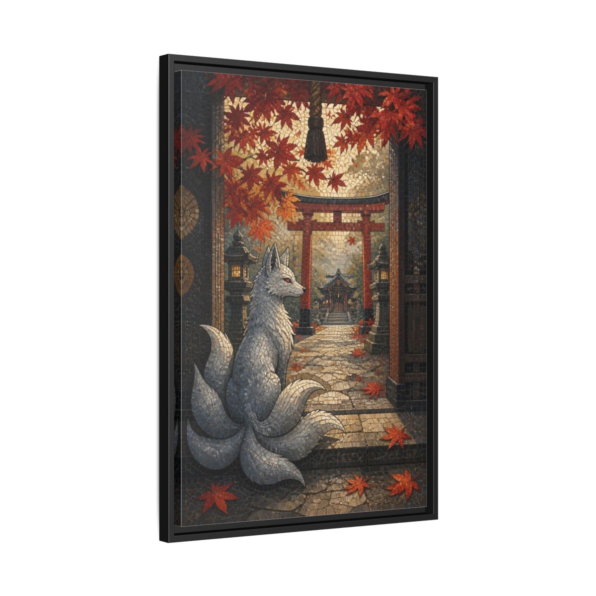 Side Mockup 14. Japanese Silver Kitsune shown as framed canvas print