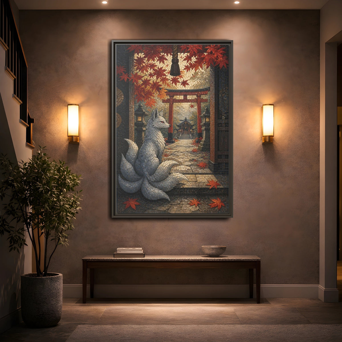 Mockup 2. Japanese Silver Kitsune shown as framed canvas print