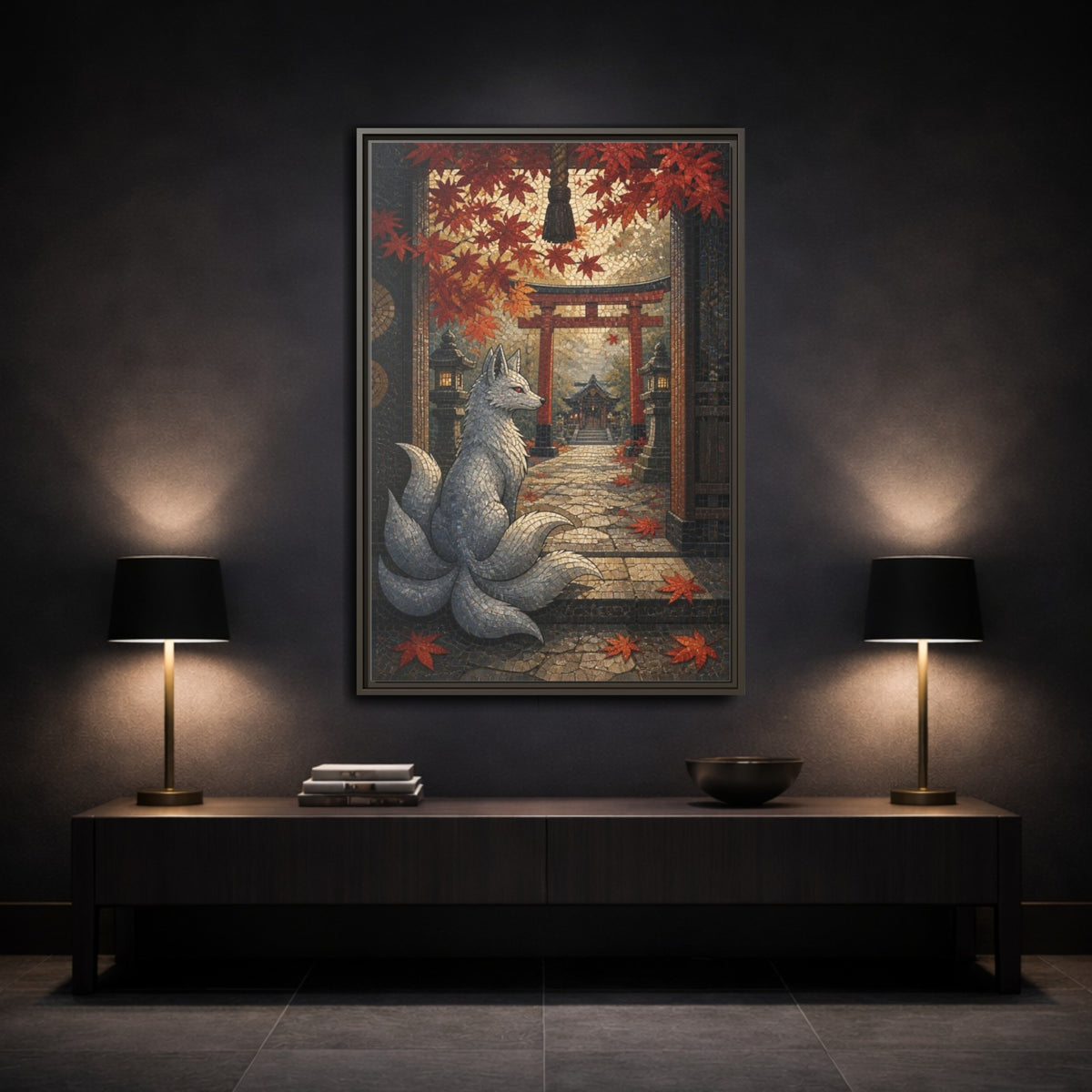 Mockup 3. Japanese Silver Kitsune shown as framed canvas print