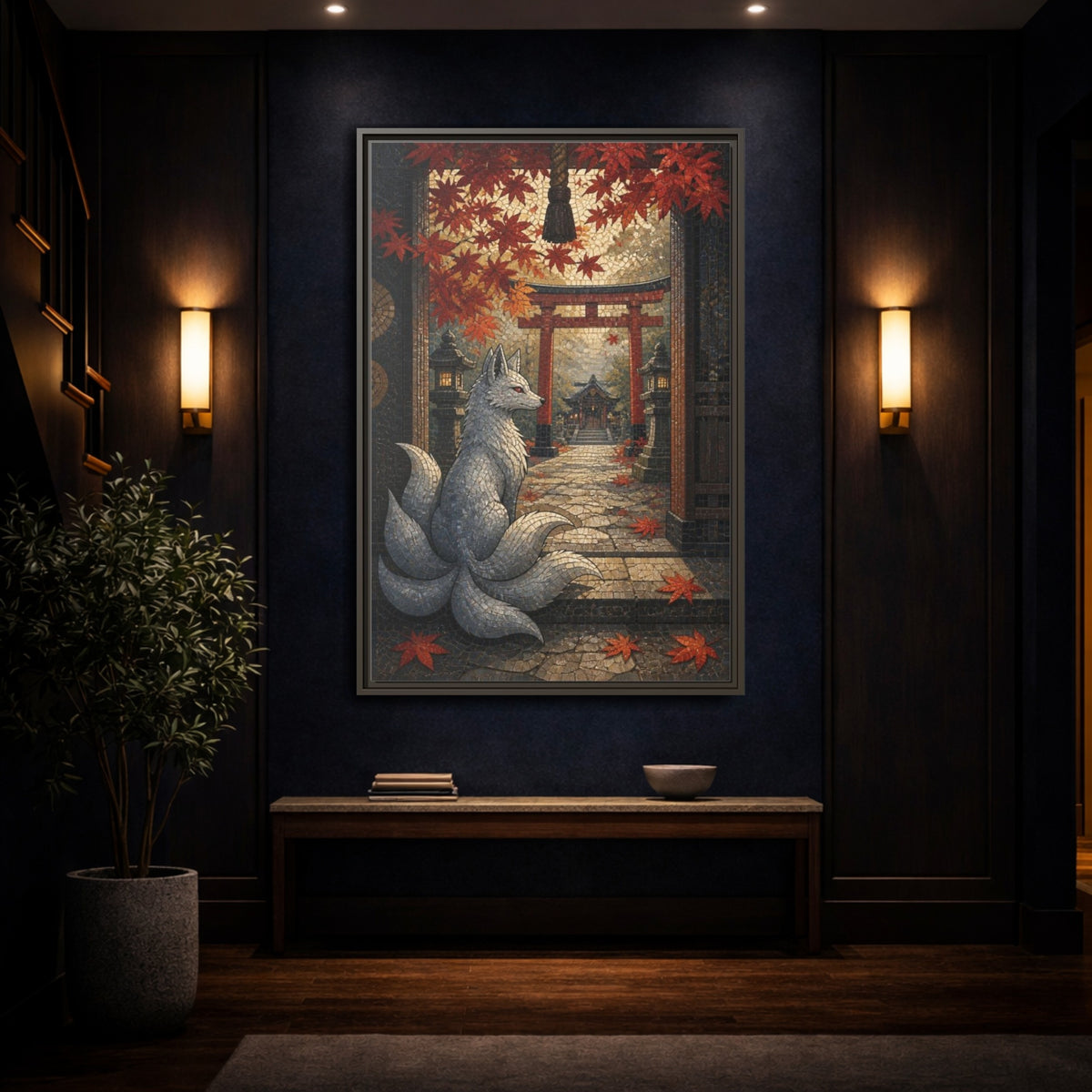 Mockup 4. Japanese Silver Kitsune shown as framed canvas print