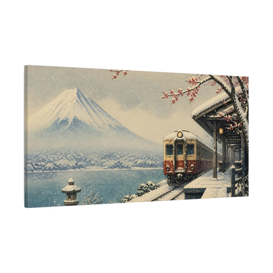 Main Mockup. Japanese Snow Train At Fuji shown as canvas print