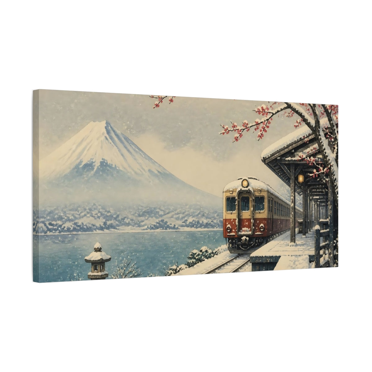 Side Mockup 1. Japanese Snow Train At Fuji shown as canvas print
