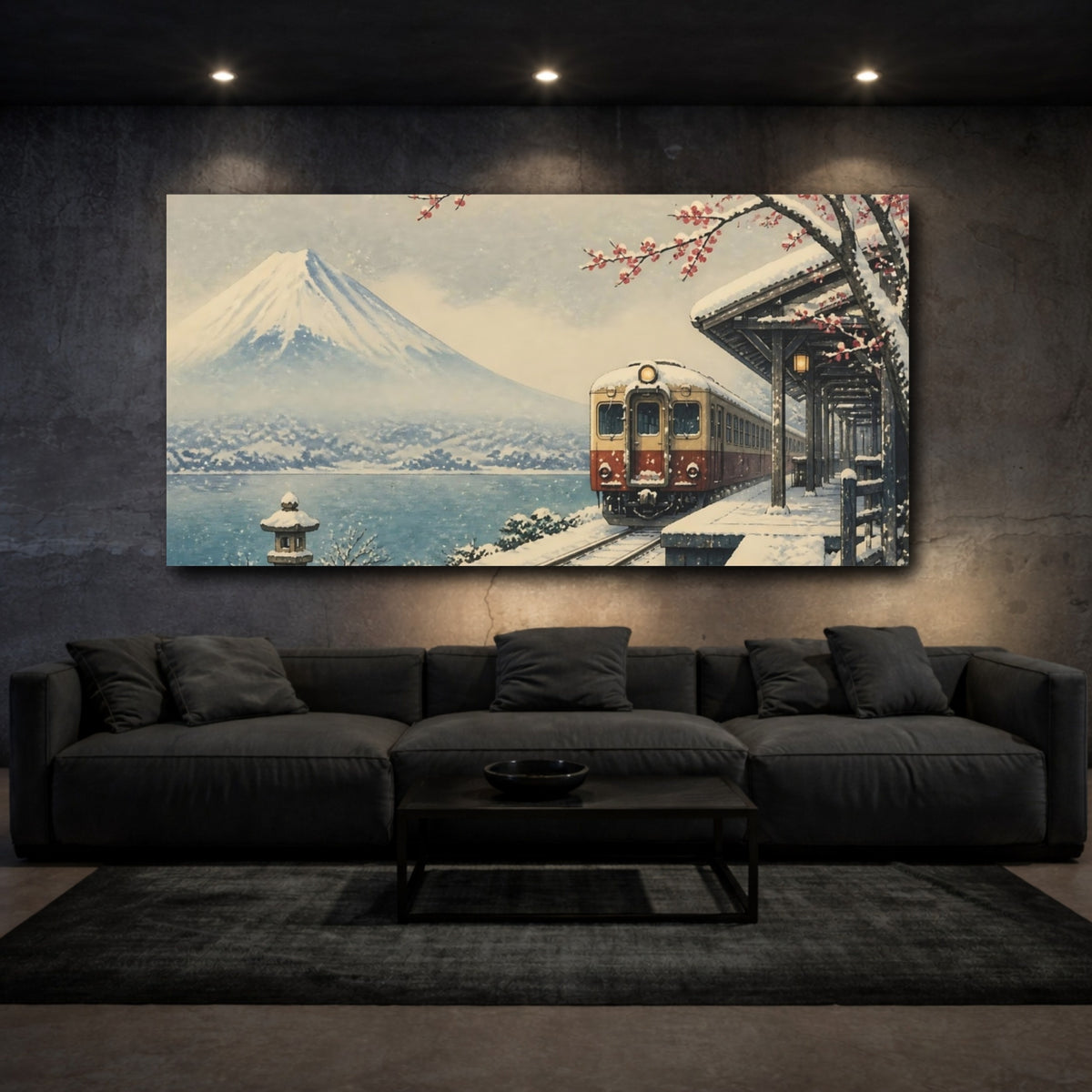 Mockup 3. Japanese Snow Train At Fuji shown as canvas print