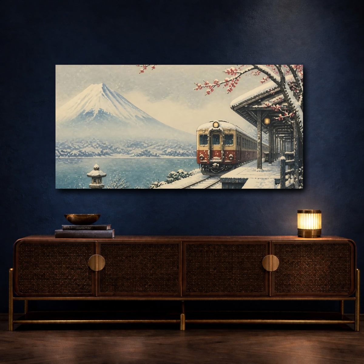 Mockup 4. Japanese Snow Train At Fuji shown as canvas print