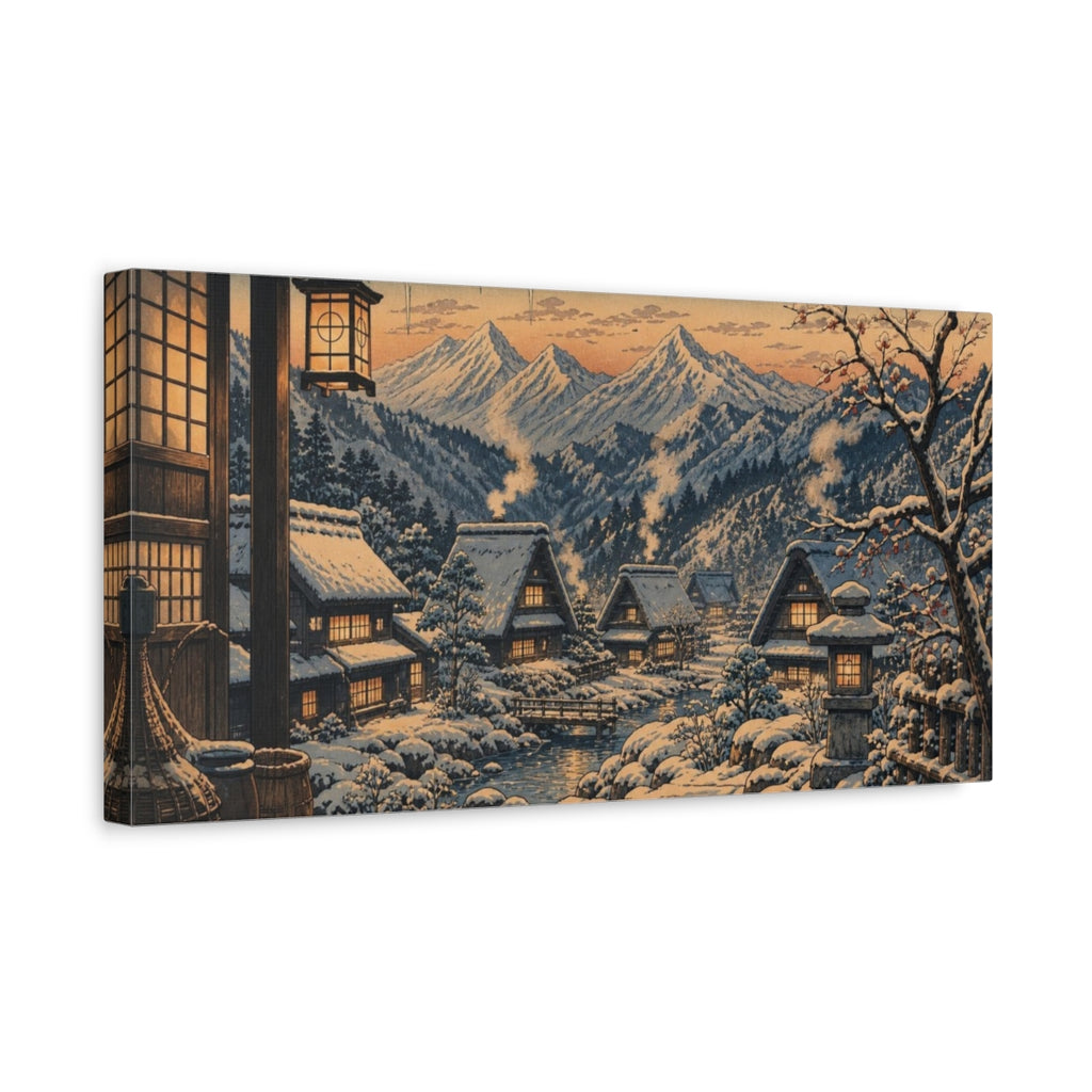 Side Mockup 3. Japanese Snow Village shown as canvas print