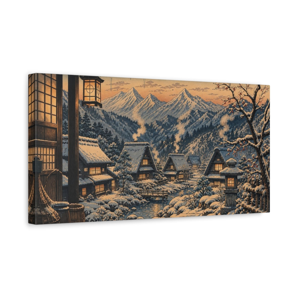 Side Mockup 3. Japanese Snow Village shown as canvas print