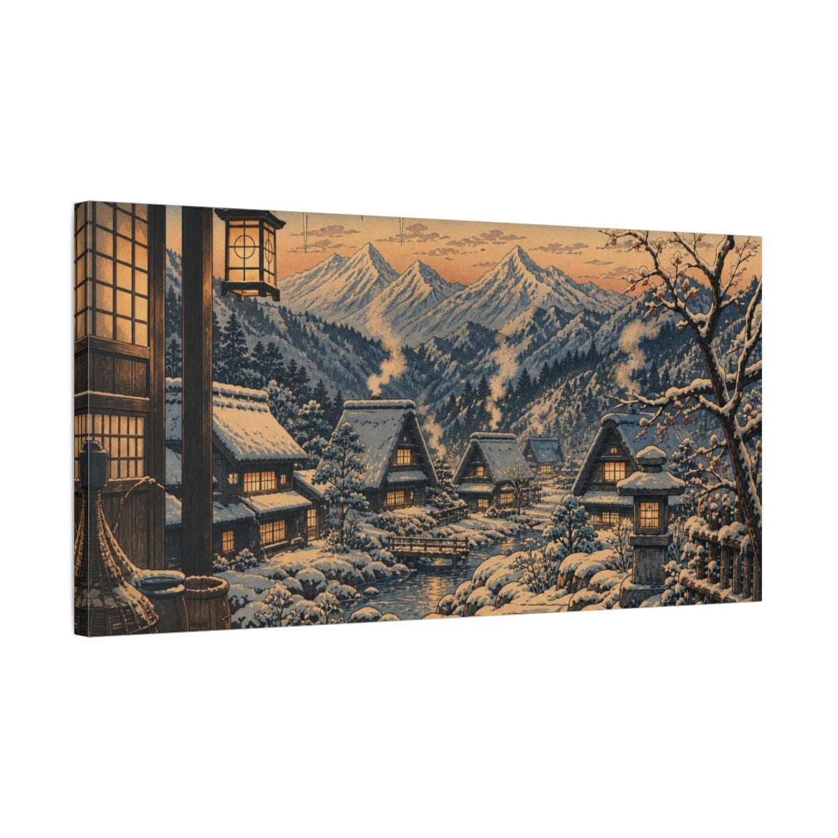 Side Mockup 1. Japanese Snow Village shown as canvas print