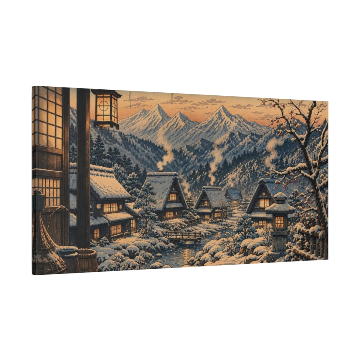 Side Mockup 2. Japanese Snow Village shown as canvas print