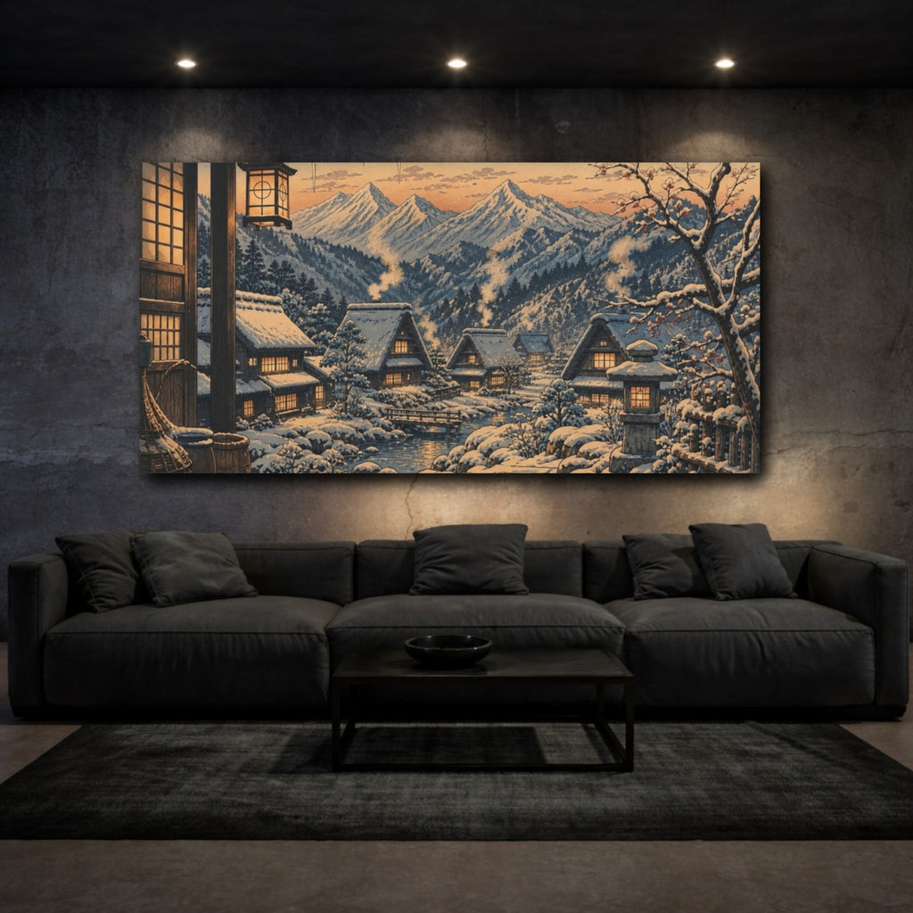 Mockup 3. Japanese Snow Village shown as canvas print