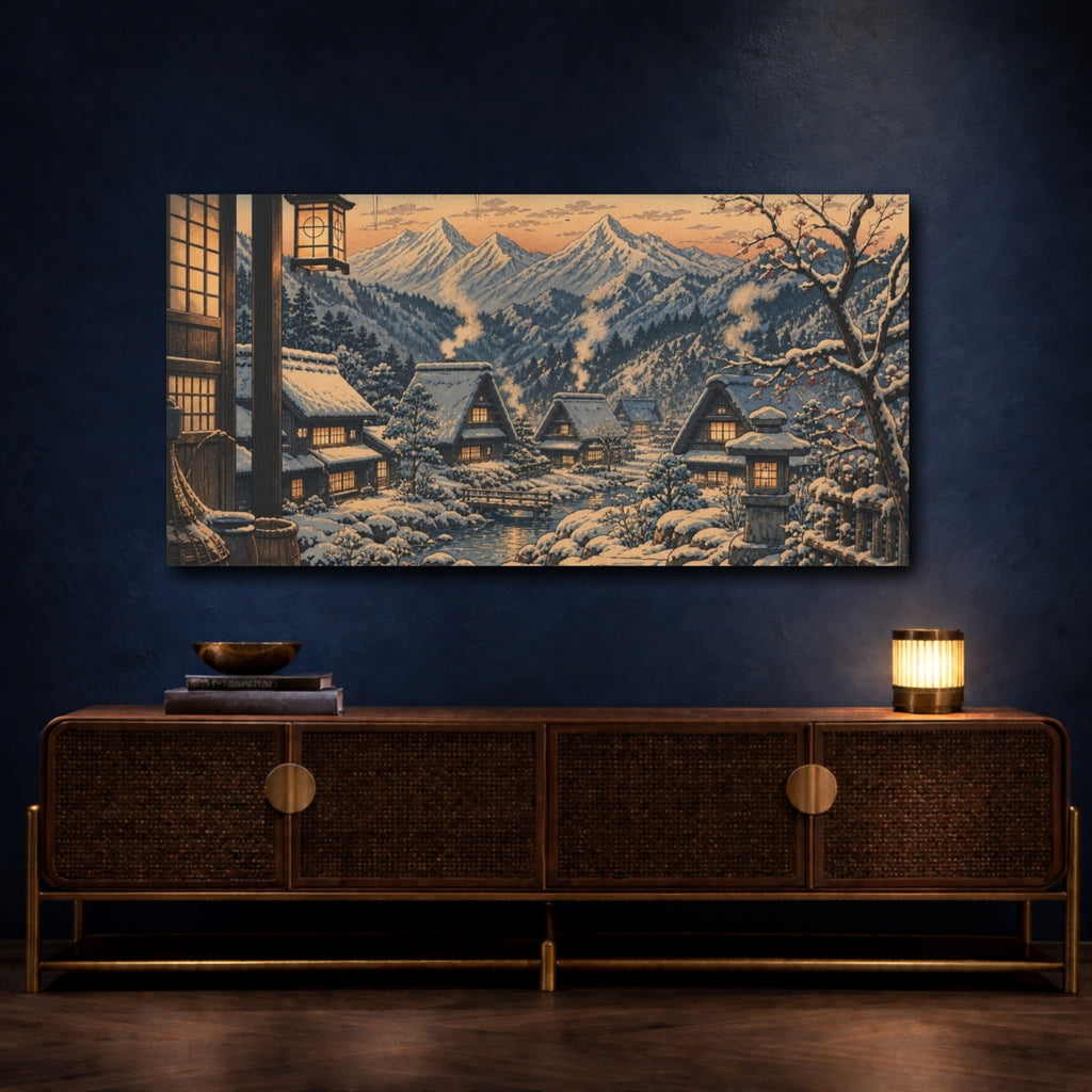 Mockup 4. Japanese Snow Village shown as canvas print