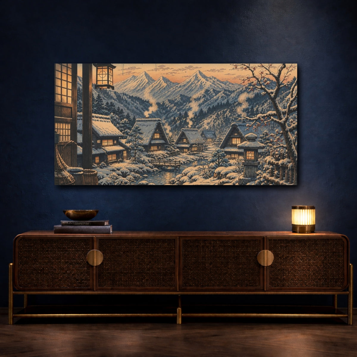 Mockup 4. Japanese Snow Village shown as canvas print