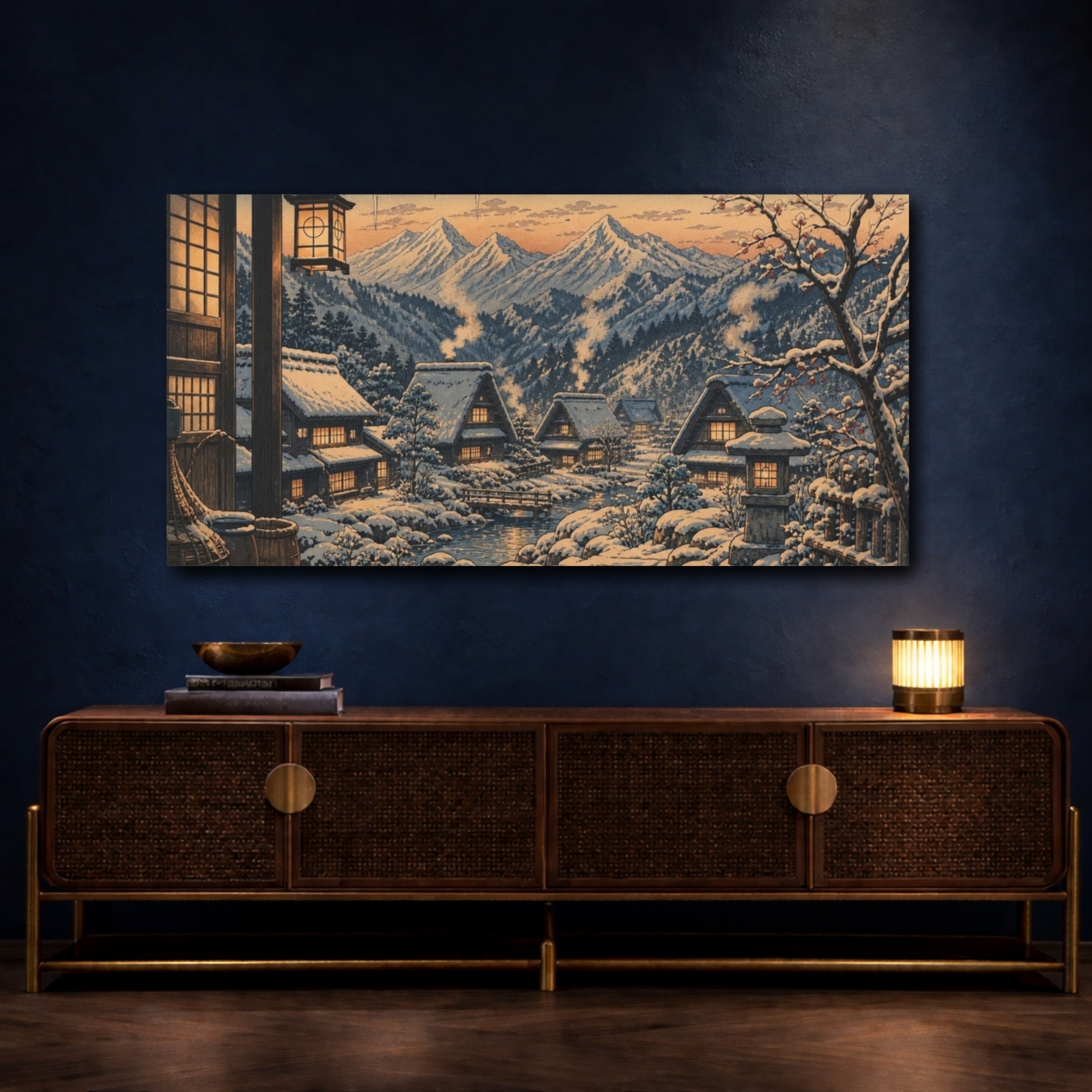 Mockup 4. Japanese Snow Village shown as canvas print