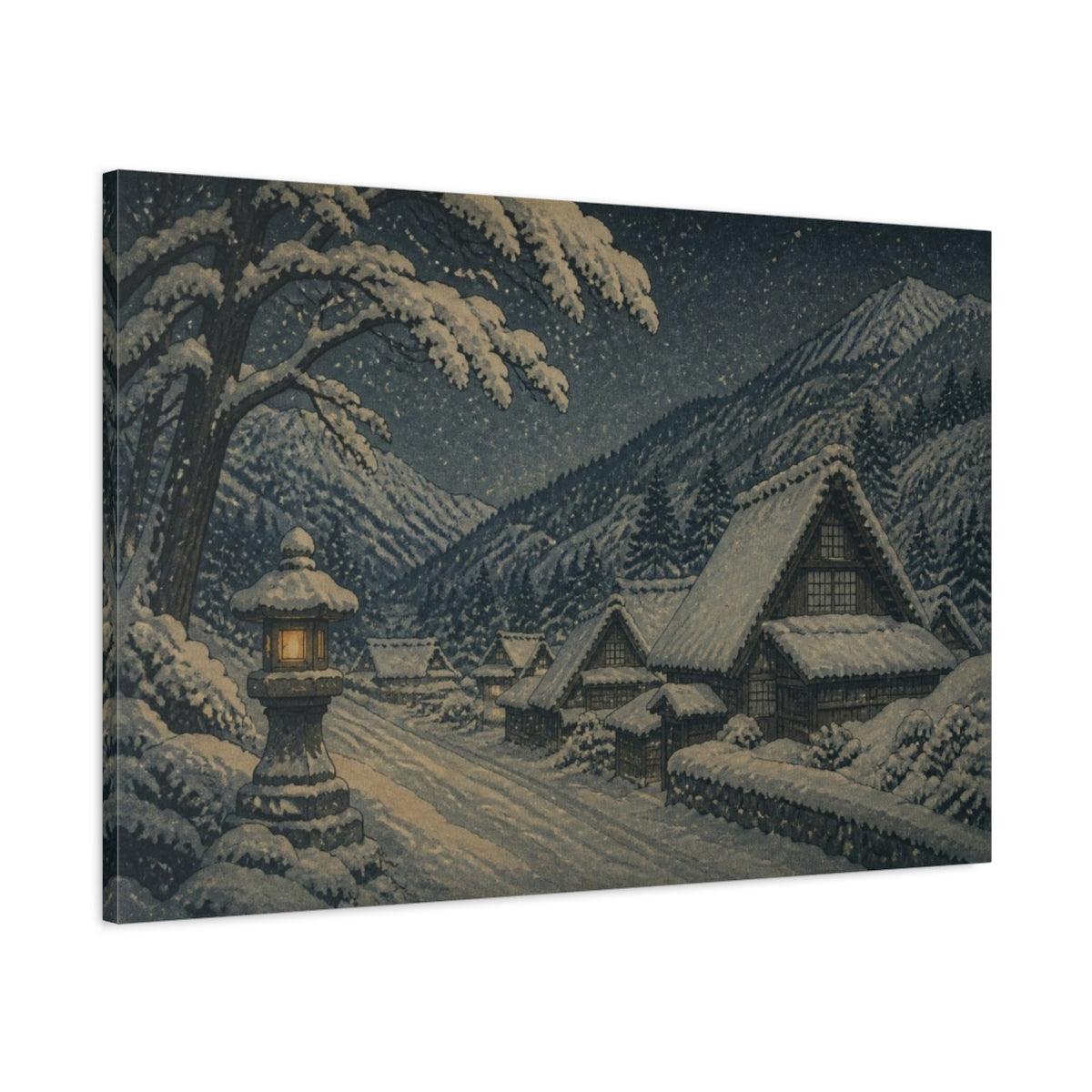 Main Mockup. Japanese Snowbound Mountain Village shown as canvas print