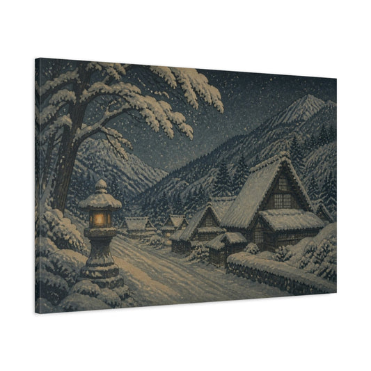 Main Mockup. Japanese Snowbound Mountain Village shown as canvas print