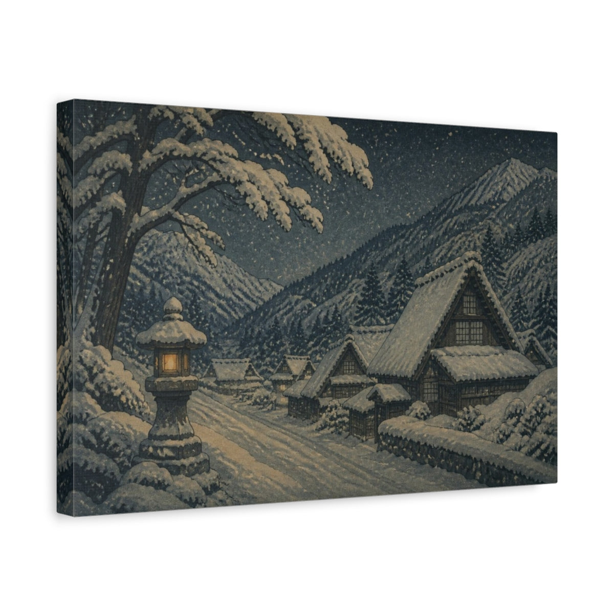 Side Mockup 4. Japanese Snowbound Mountain Village shown as canvas print