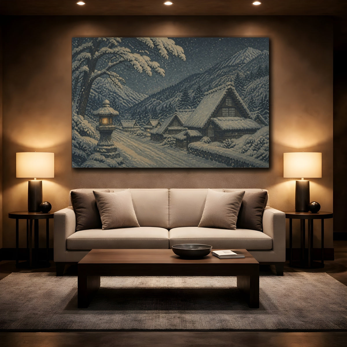 Mockup 2. Japanese Snowbound Mountain Village shown as canvas print