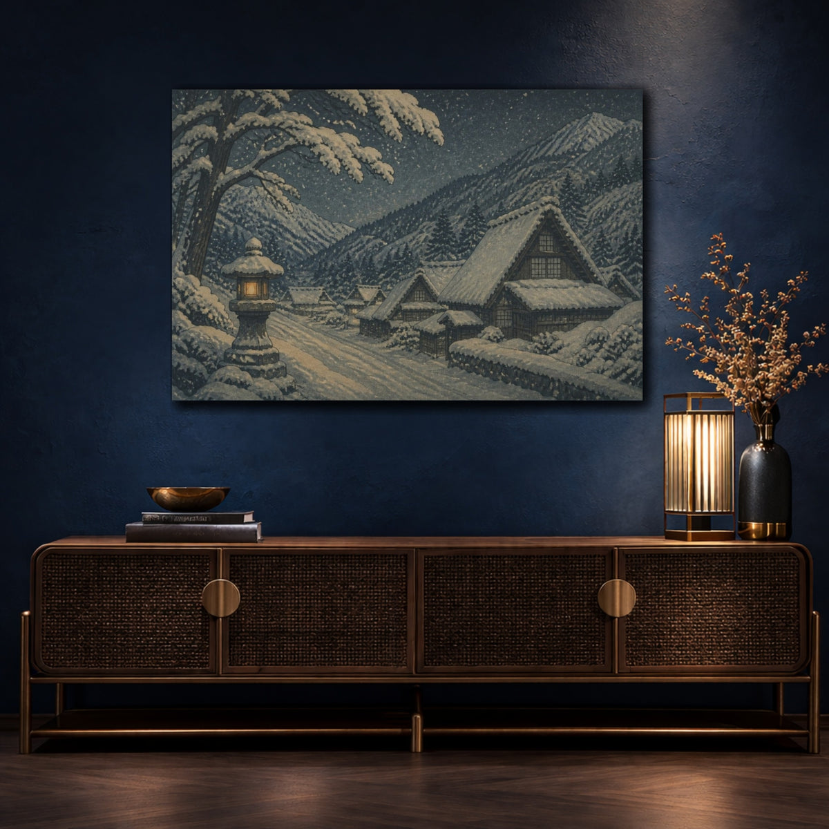 Mockup 4. Japanese Snowbound Mountain Village shown as canvas print