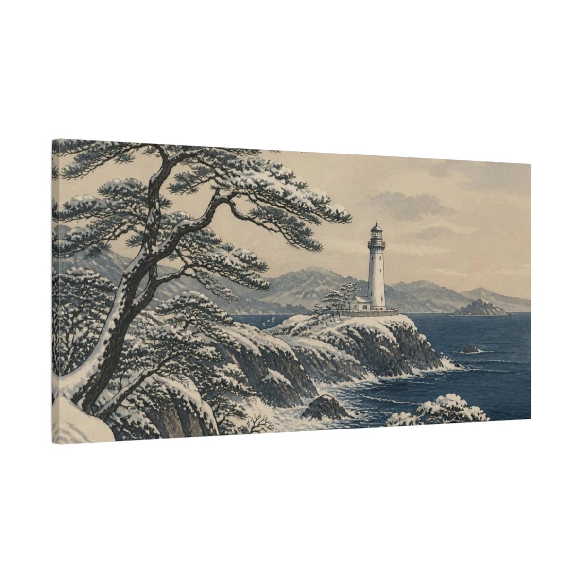 Main Mockup. Japanese Snowy Lighthouse shown as canvas print