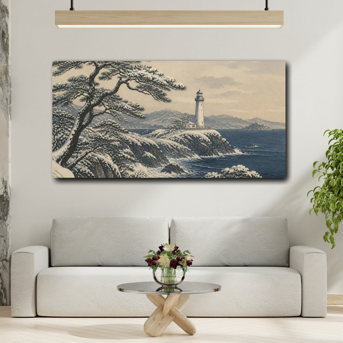 Mockup 2. Japanese Snowy Lighthouse shown as canvas print