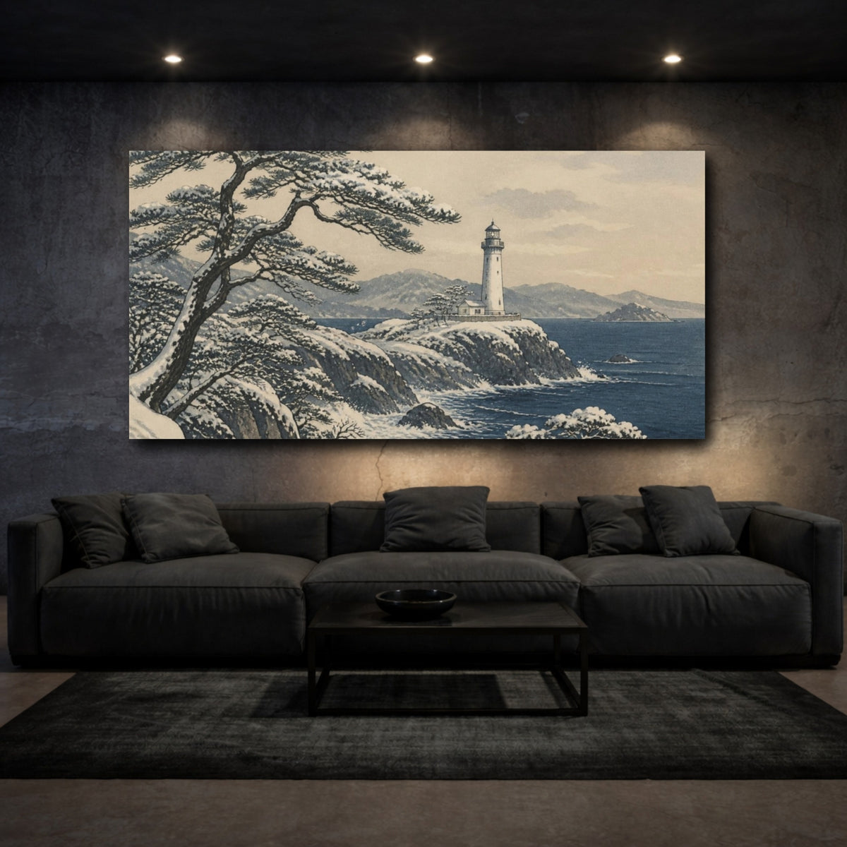 Mockup 3. Japanese Snowy Lighthouse shown as canvas print