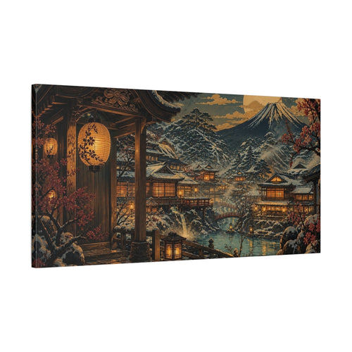 Main Mockup. Japanese Snowy Onsen Village shown as canvas print